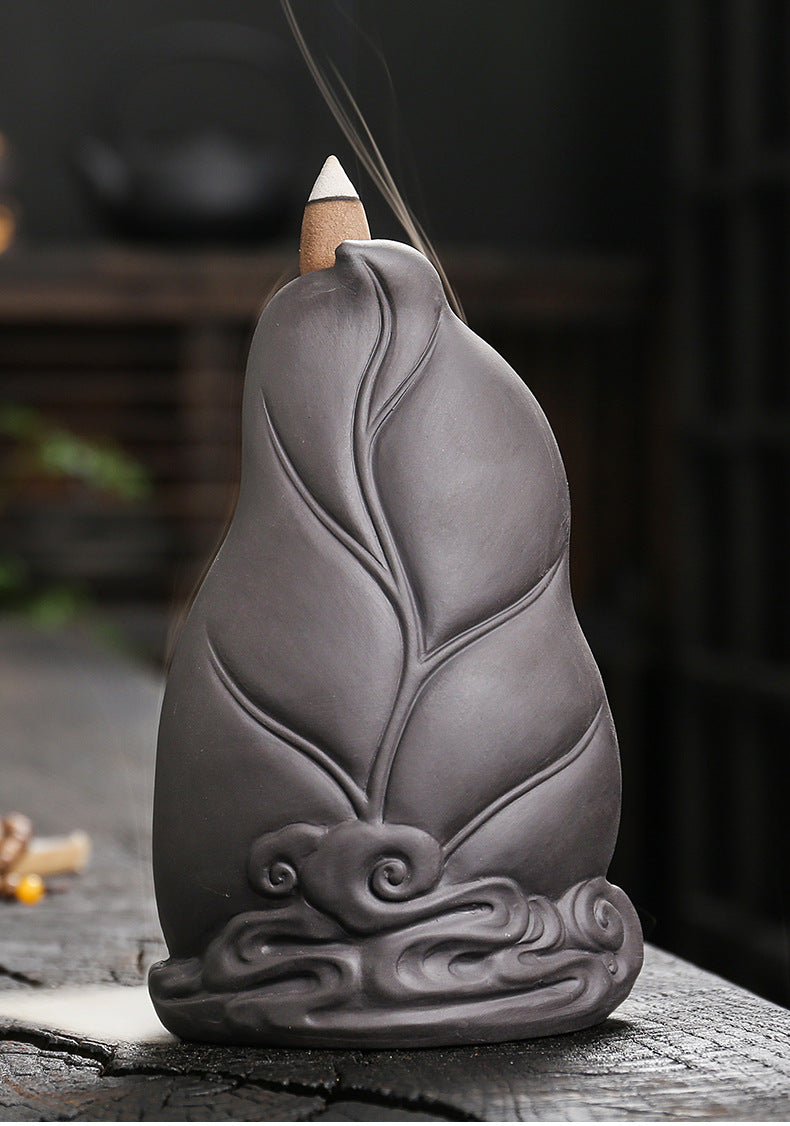 zensoullab Purple Clay Sandalwood Backflow Incense Burner Creative Bodhi Leaf Tathagata Buddha Smoke Backflow Incense Burner Craft Ornament