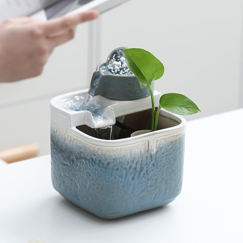 zensoullab Square Pool Desktop Ceramic Flowing Water Ornament Wealth Feng Shui Wheel Fountain Modern Tea Table Tea Desk Circulating Fortune Ball Water Feature