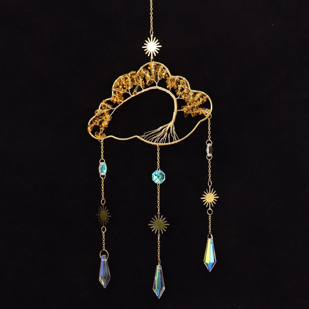 zensoullab Handmade Wire Wrapped Natural Crystal Crushed Stone Clouds Clouds Life Tree Sun Catcher Hanging Ornament Wind Chime Decoration T27