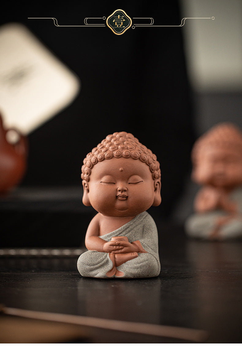 zensoullab Zen Purple Clay Small Buddha Figurine Cute Buddha Statue Chinese Style Home Tea Room Curio Shelf Tea Table Decoration