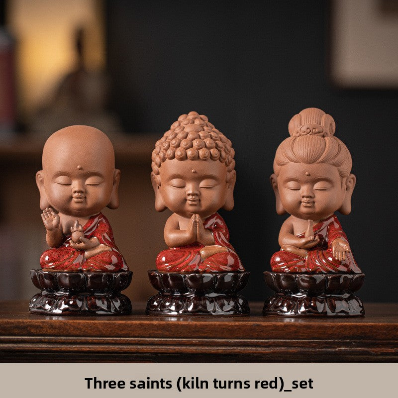 zensoullab Zen Chinese Style Saha Three Saints Desktop Ornament Creative Home Ceramic Buddhist Living Room Entrance Display Shelf Decoration