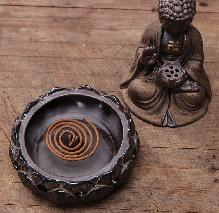 zensoullab Four-Hour Large Buddha Statue Incense Burner Antique Gold Glaze Ceramic Incense Burner Living Room Zen Incense Home Decor