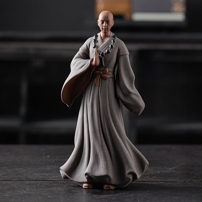 zensoullab Creative New Chinese Style Large Purple Clay Little Monk Figurine Tea Room Living Room Entrance Zen Little Monk Ceramic Character Decoration