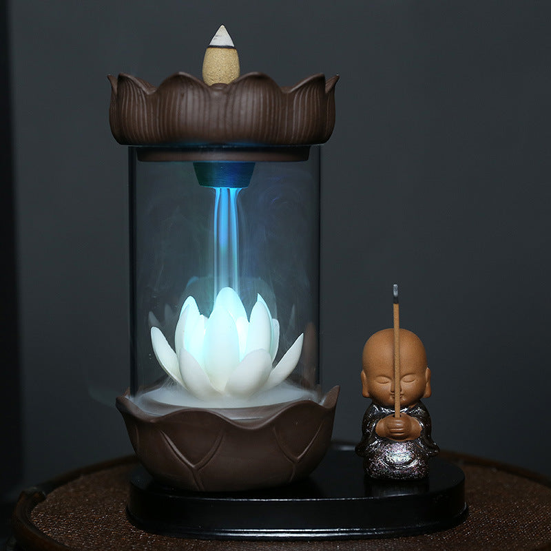 zensoullab Jingchen Special Windproof Cover Little Monk White Lotus LED Light Backflow Incense Burner Home Decor Ornament Original
