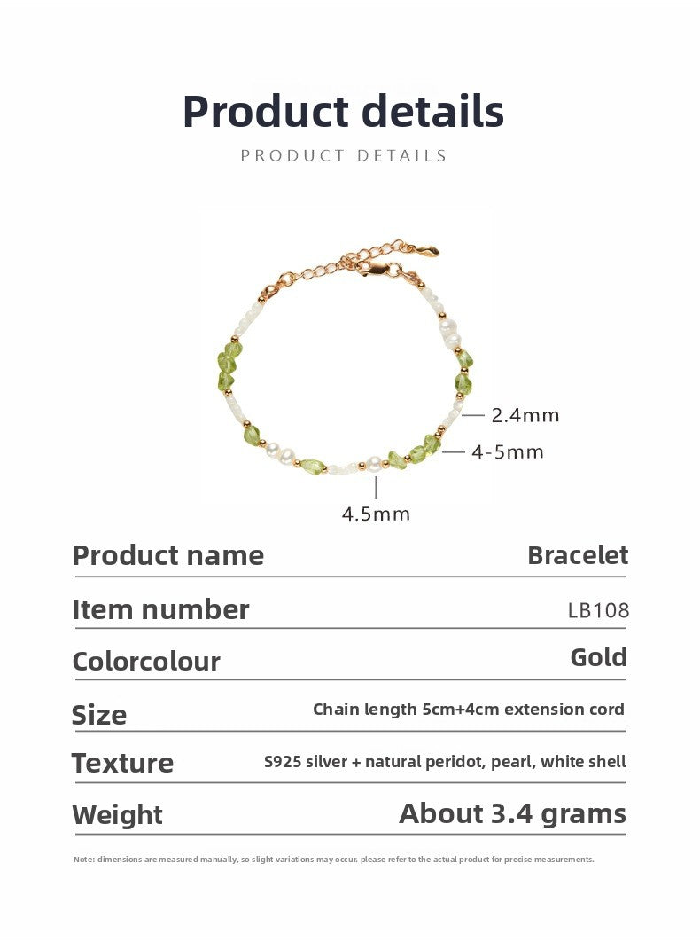 zensoullab S925 Sterling Silver Natural Peridot Pearl White Shell Gemstone Necklace for Women, Niche Sweet High-end Beaded Collarbone Chain