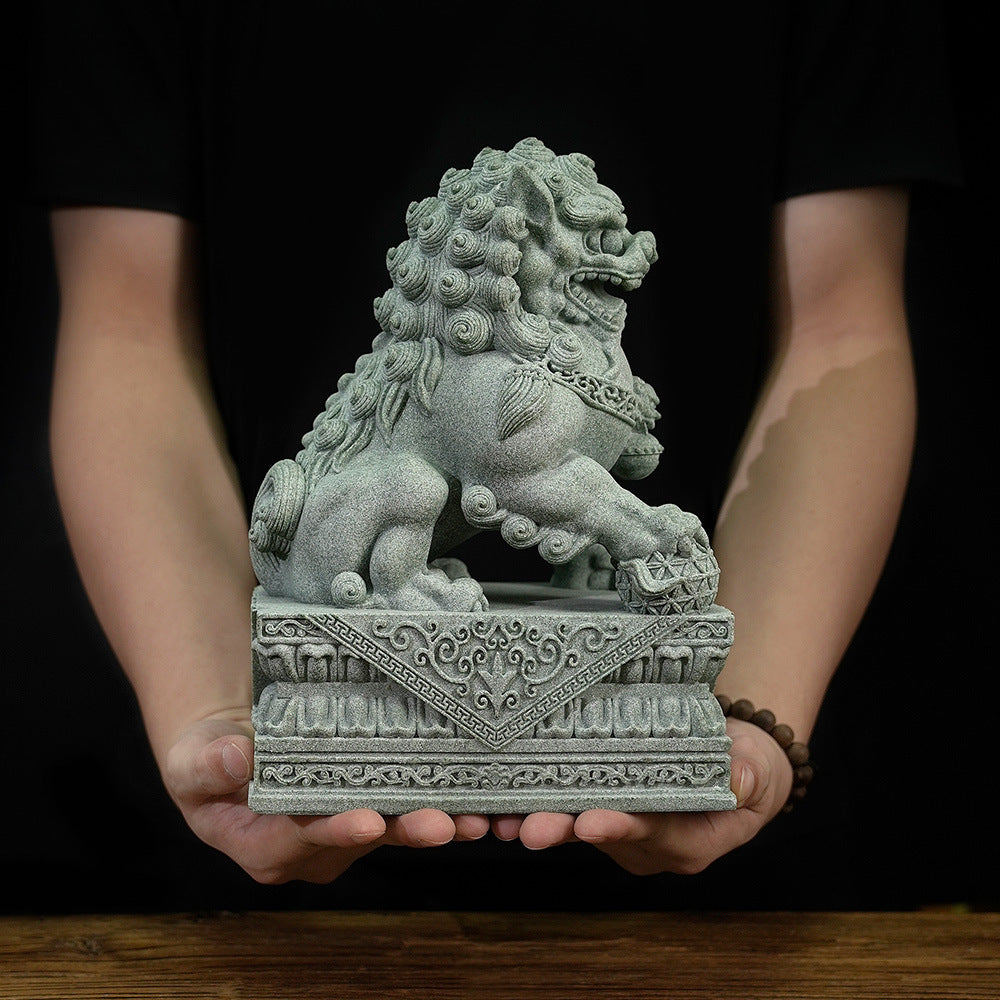 zensoullab 25cm Chinese Style Green Sandstone Lion Pair Tomb Front National Trend Ornament Auspicious Beast Creative Home Living Room Decoration