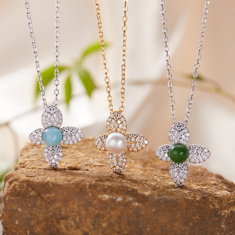 zensoullab S925 Sterling Silver Natural Gemstone Necklace Flower Pendant for Women Korean and Japanese Style Fresh Simple Sweet Collarbone Chain