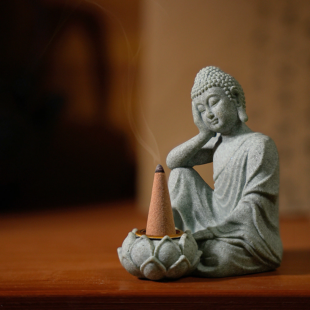 zensoullab New Green Sand Stone Buddha Statue Ornament Aromatherapy Decoration Living Room Zen Tea Tabletop Stone Small Sitting Buddha Incense Burner Ornament