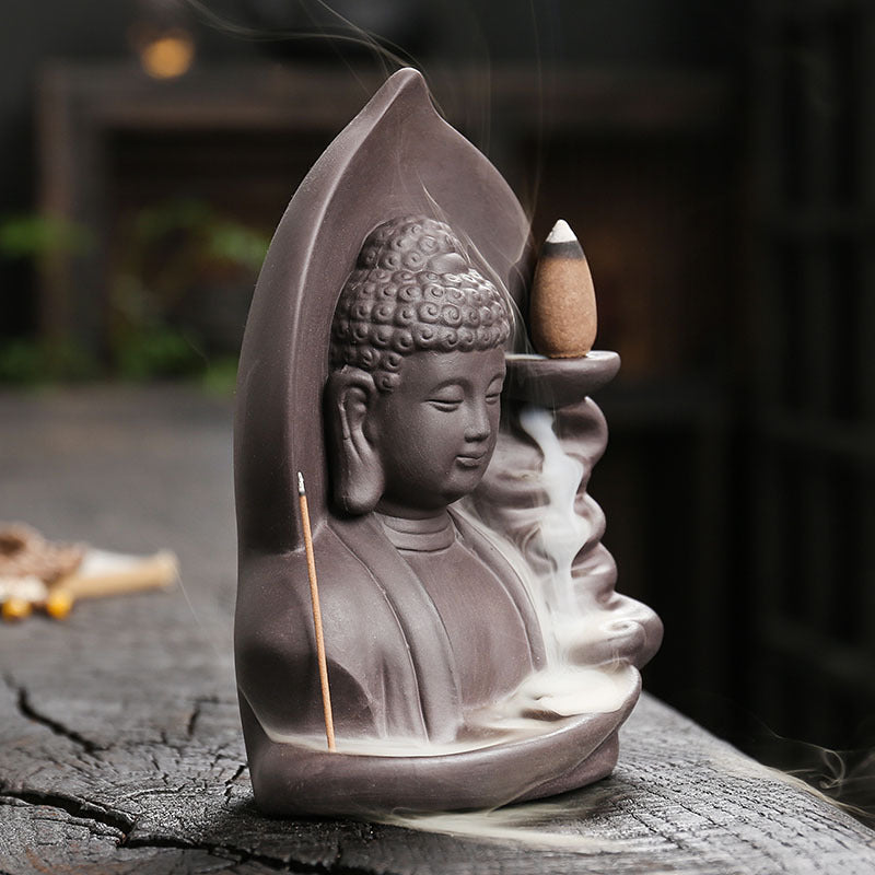 zensoullab Purple Clay Buddha Backflow Incense Burner Creative Lotus Leaf Buddha Backflow Sandalwood Incense Burner Craft