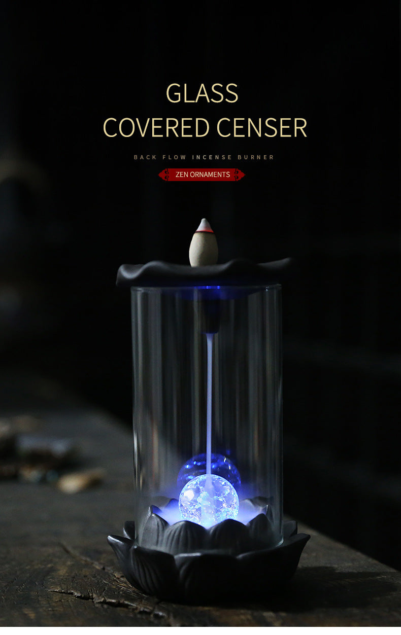 zensoullab Purple Clay Windproof Cover LED Light Backflow Incense Burner Creative Lotus Leaf Ornamental Backflow Aromatherapy Burner Home Decor