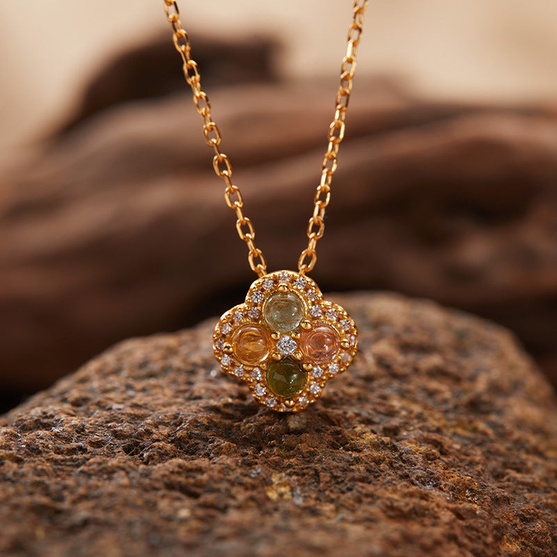 zensoullab S925 Sterling Silver 18K Gold Pendant Necklace Clavicle Chain Natural Tourmaline Four-Leaf Clover Vintage Elegant Temperament Women