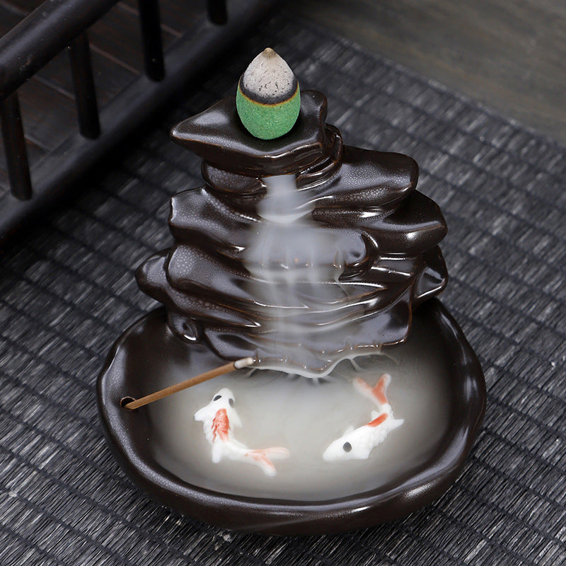 zensoullab Backflow Incense Burner Creative Home Decor Ceramic Burner Craft Zen Double Fish Backflow Sandalwood Ornament