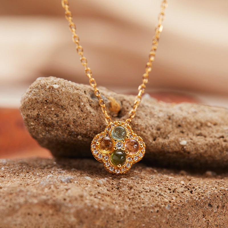 zensoullab S925 Sterling Silver 18K Gold Pendant Necklace Clavicle Chain Natural Tourmaline Four-Leaf Clover Vintage Elegant Temperament Women