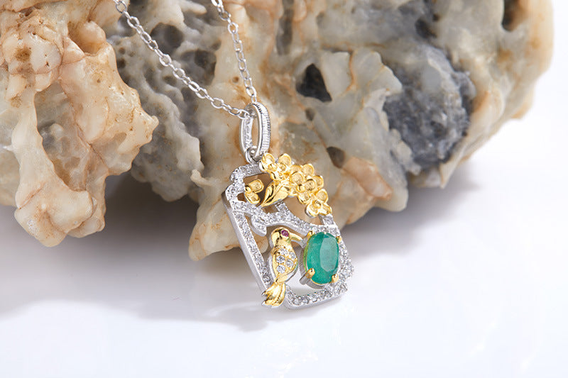 zensoullab S925 Sterling Silver French Light Luxury Natural Emerald Gemstone Necklace Fashion Collarbone Chain Personality Ins Style