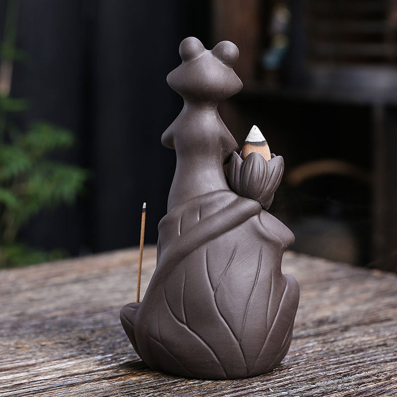zensoullab Purple Clay Lotus Leaf Backflow Incense Burner Craft Ornament Creative Frog Lotus Backflow Incense Burner Home Decor