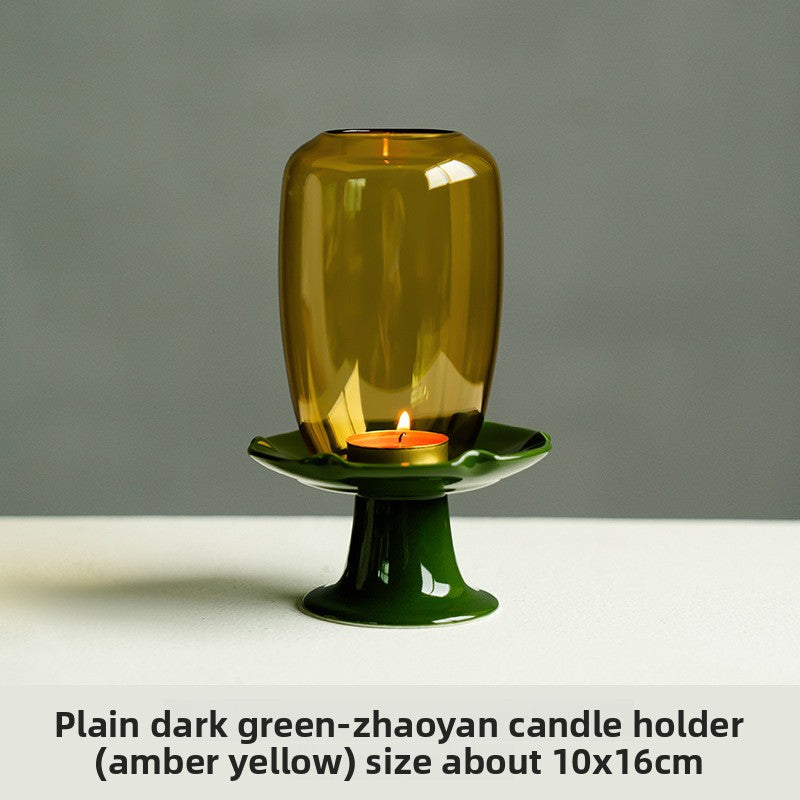 zensoullab New Chinese Style Forbidden City Red Morning Glory Candle Holder Ceramic Base Zen Glass Lampshade Aromatherapy Home Tea Ceremony Accessories Ornament