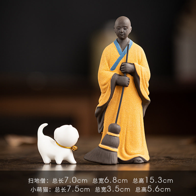 zensoullab Creative Ceramic Figure Sweeping Monk Zen Little Monk Ornament Home Living Room Curio Shelf Tea Room Bonsai Decoration