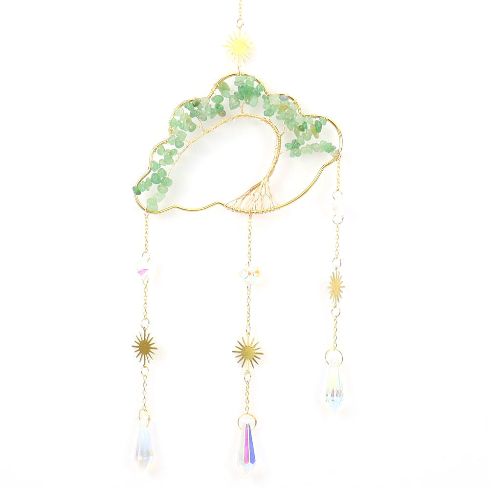 zensoullab Handmade Wire Wrapped Natural Crystal Crushed Stone Clouds Clouds Life Tree Sun Catcher Hanging Ornament Wind Chime Decoration T27