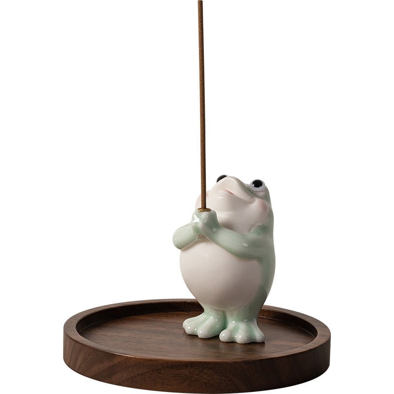 zensoullab Ceramic Wishing Frog Incense Burner for Home Indoor Use, Agarwood Sandalwood Incense Holder, Cute Tea Table Aromatherapy Burner Ornament