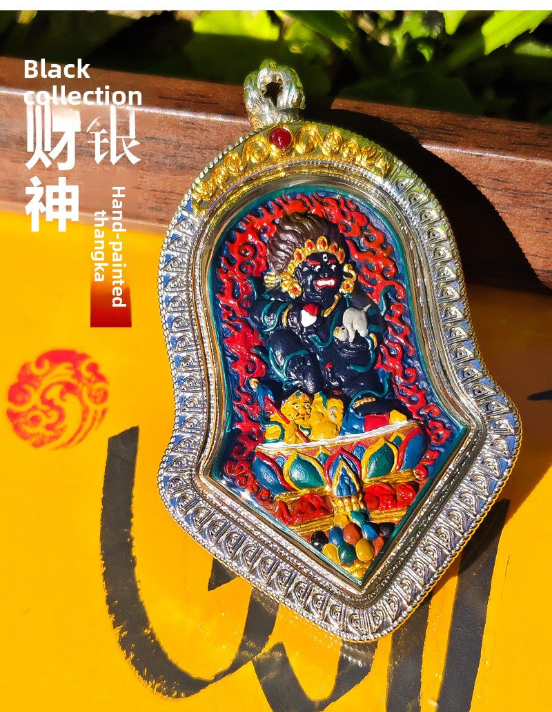 zensoullab Rubbing Thangka Hand-painted 3D Black God of Wealth Tibetan Painted Buddha Small Thangka Buddha Amulet Tibetan Silver Pendant Necklace for Men and Women