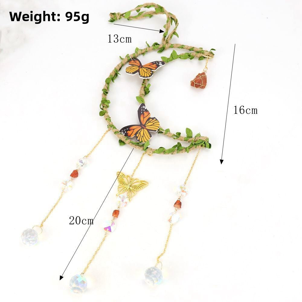 zensoullab Sun Catcher Hemp Rope Wrapped Leaf Butterfly Large 16cm Moon Gravel Crystal Ball Decoration Pendant