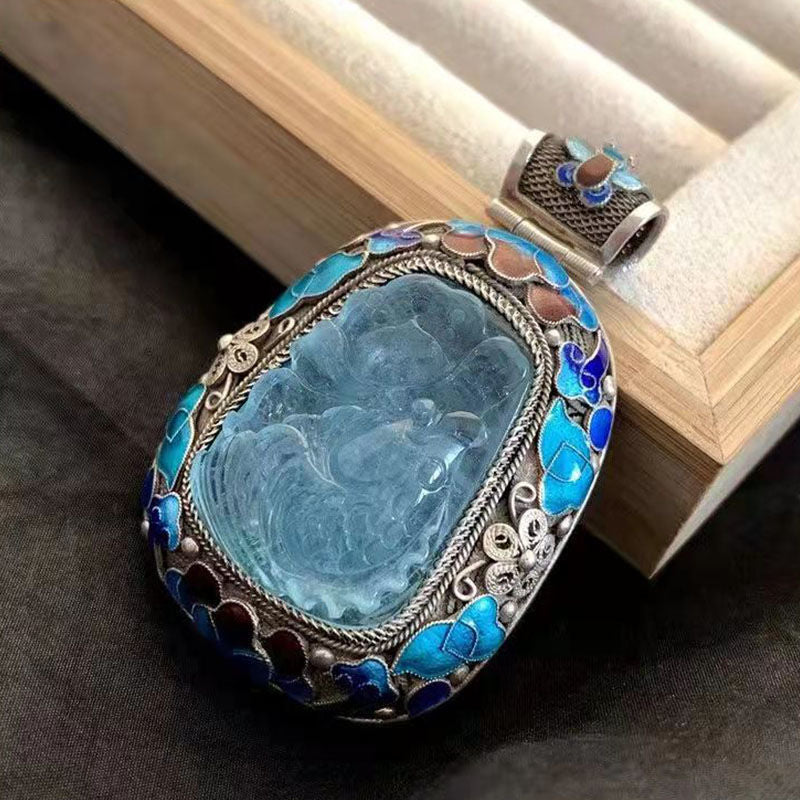 zensoullab Prosperous Year After Year Filigree Inlaid High-end Aquamarine Pendant for Women Handmade Vintage Court Style Retro Trend