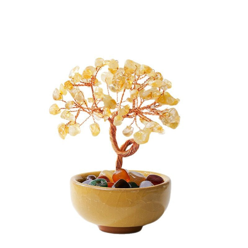 zensoullab Natural Yellow Crystal Wealth Tree Tea Cup Base Treasure Bowl Crystal Tree Crystal Money Tree Desktop Wealth-Attracting Ornament