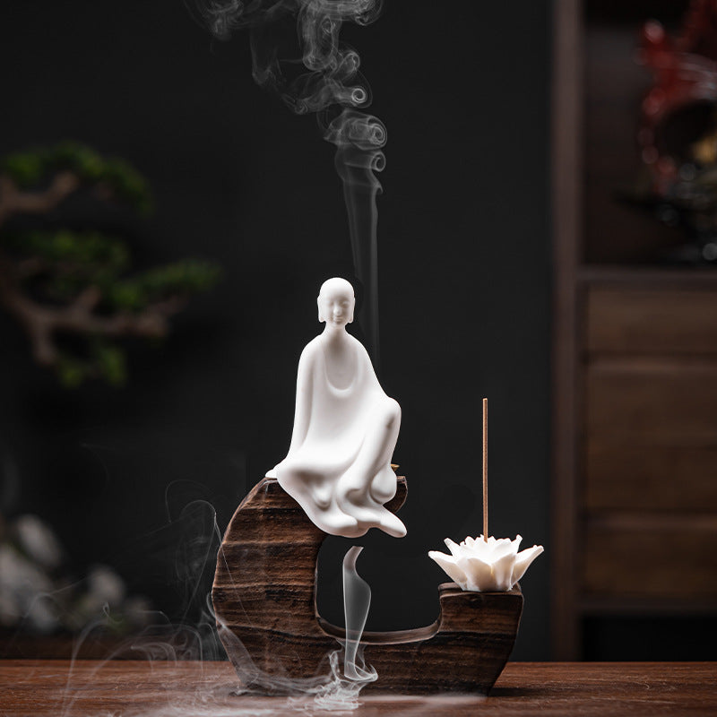 zensoullab Creative Backflow Incense Burner Home Aromatherapy Burner Ceramic Ornament Sandalwood Incense Holder Guanyin Buddha Statue Zen Living Room Decoration