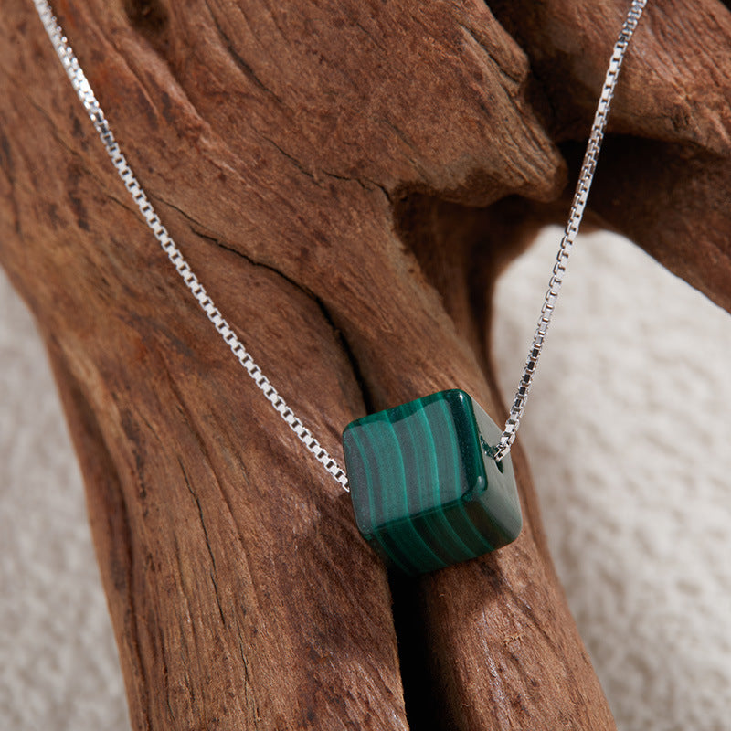 zensoullab Jewelry Minimalist Style Square Pendant S925 Sterling Silver Malachite Necklace Women's Jewelry Simple Collarbone Chain