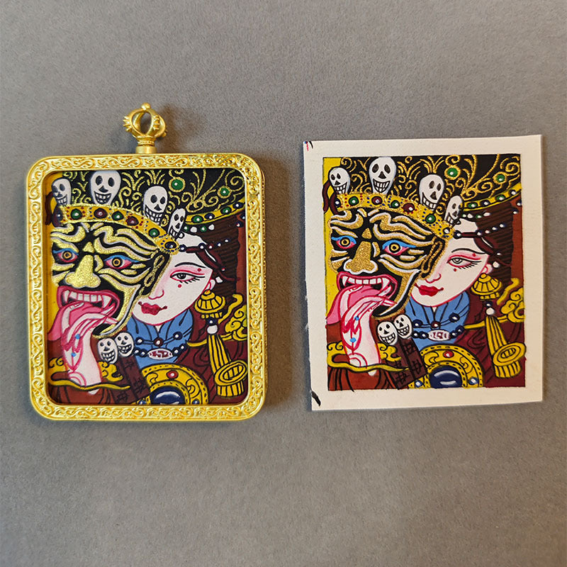 zensoullab Nepal Hand-painted Female God of Wealth Thangka Zaka Ram Past and Present Life Tibetan God of Wealth Small Thangka Gawu Box Pendant