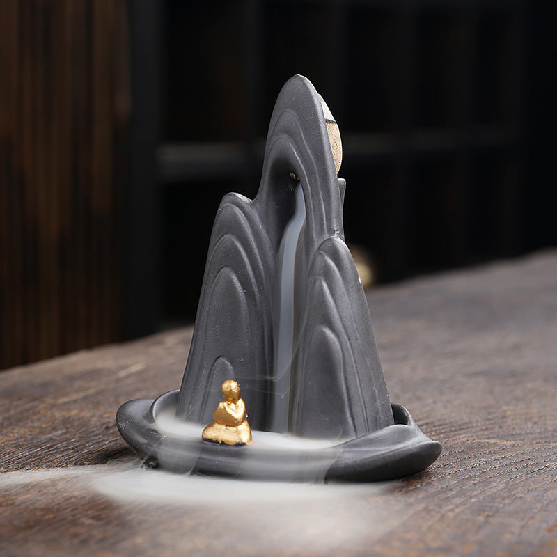 zensoullab Original Purple Clay Backflow Incense Burner Mountain Water Flowing Little Monk Home Decor Ornament Backflow Incense Burner Craft