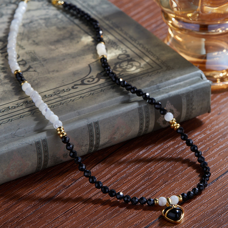 Zensoullab Special-Interest Design Advanced Natural Black Pointed Crystal Beaded with Black Agate Pendant Heart Shaped Love Necklace Female S925 Sterling Silver