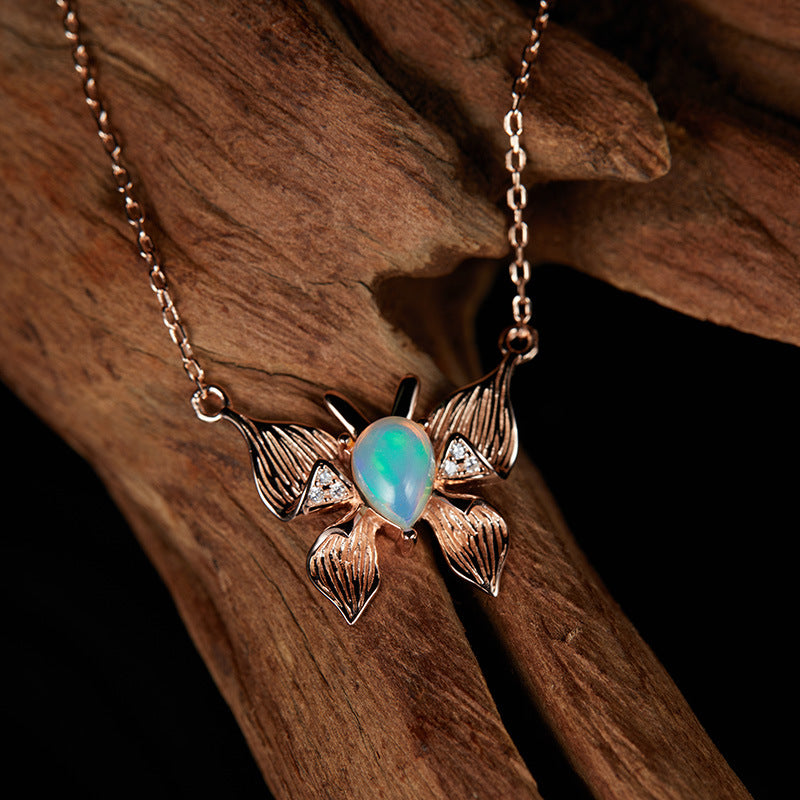zensoullab Custom Personalized Butterfly Style S925 Sterling Silver Inlaid Natural Gemstone Opal Necklace for Women Live Streaming Hot-Selling Collarbone Chain