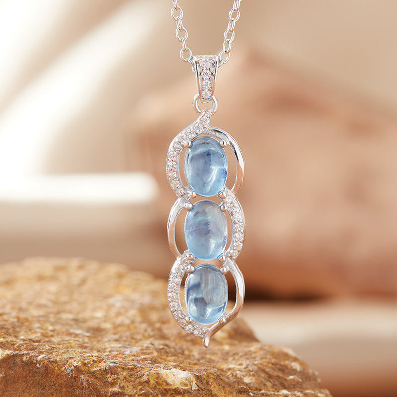 zensoullab Natural Gemstone Aquamarine Pendant Necklace for Women S925 Sterling Silver Inlaid Clavicle Chain