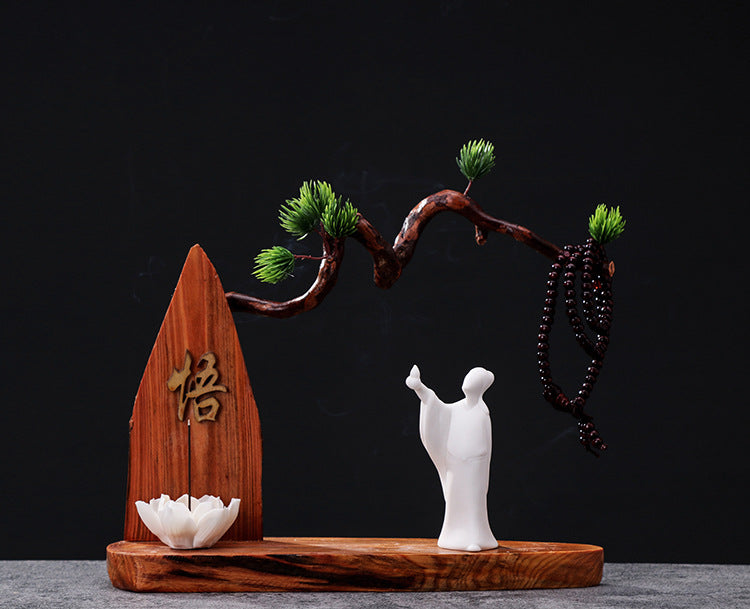 zensoullab Chinese Zen Style Formless Buddha Welcoming Guest Pine Root Carving Set Living Room Wine Cabinet Entrance Ceramic Li Bai Tea Table Home Decor