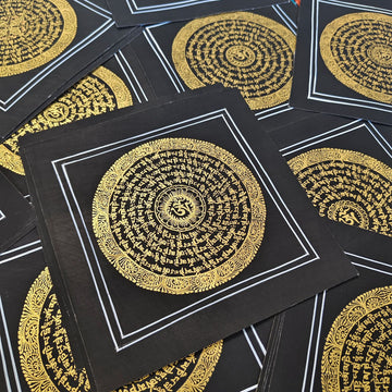 zensoullab Nepal Hand-painted Black Gold Sutra Thangka Tibetan Six-word Mantra Mandala Entrance Living Room Decorative Hanging Painting
