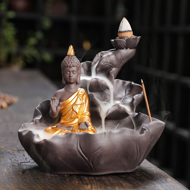 zensoullab Purple Clay Ceramic Backflow Incense Burner Crafts Creative Lotus Leaf Buddha Statue Small Novice Incense Burner Ornament