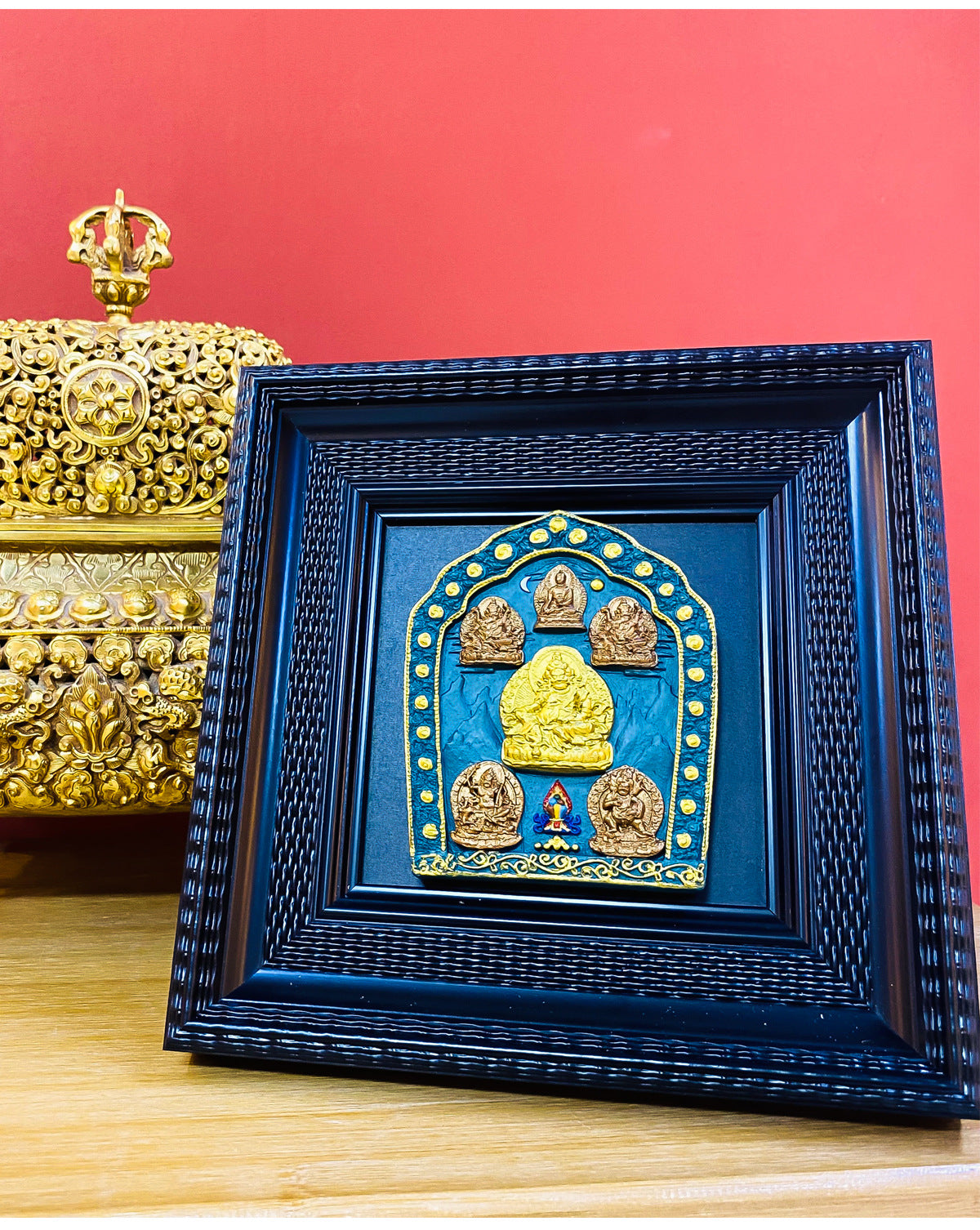 Zensoullab Xizang Hand Painted Thangka Three-Dimensional Wiping Yellow God of Wealth Tie Five Gods of Wealth Decorative Painting Living Room Office Geomancy Decoration