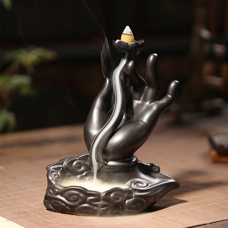 zensoullab Backflow Incense Burner Creative Aromatherapy Burner Indoor Sandalwood Zen Incense Burner Ceramic Incense Ceremony Buddha Hand