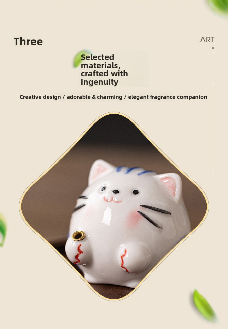 zensoullab Creative Ceramic Cute Little Cat Incense Holder Base Incense Tray Tea Room Tea Table Small Incense Burner Ornament Incense Burner