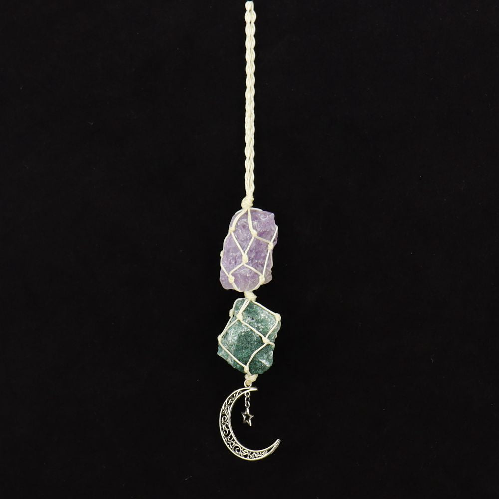 zensoullab Handmade Woven Raw Stone Crystal Pendant Star Moon Net Bag Car Hanging Amethyst Ornament