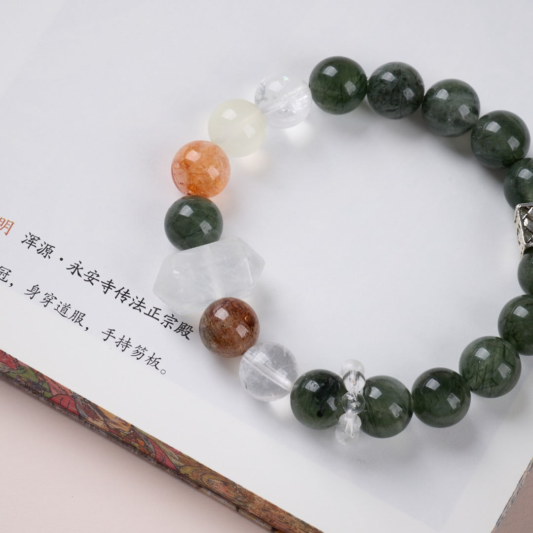 zensoullab Natural 10MM Green Rutilated Quartz Bracelet for Women Good Luck White Crystal Red Agate Flower Multi-Gemstone Crystal Bracelet