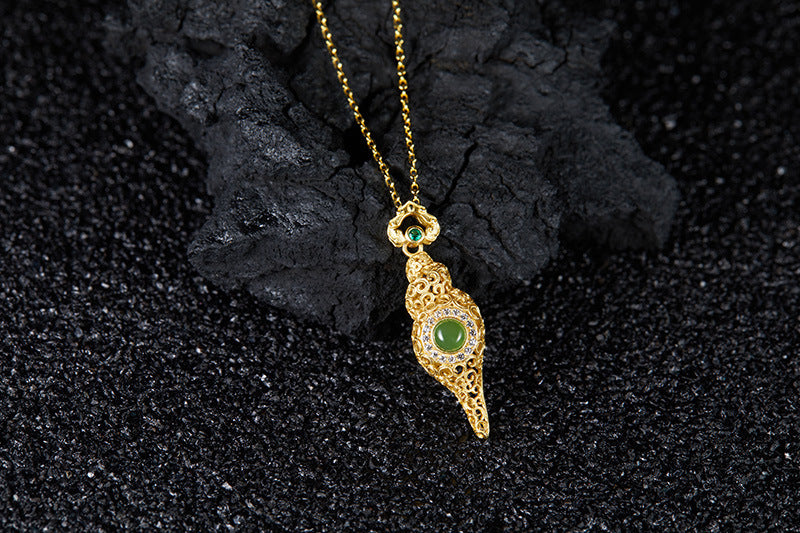 zensoullab Full Body S925 Sterling Silver Electroplated 24K Gold Conch Inlaid with Jasper Vintage Hollow Ancient Craft Pendant Necklace for Women