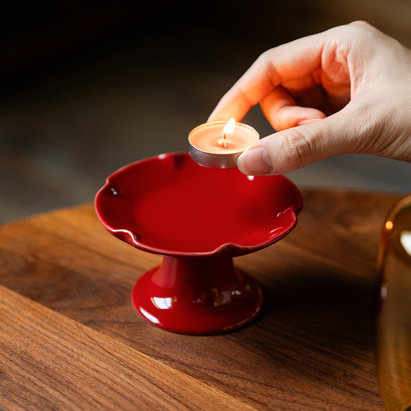 zensoullab New Chinese Style Forbidden City Red Morning Glory Candle Holder Ceramic Base Zen Glass Lampshade Aromatherapy Home Tea Ceremony Accessories Ornament