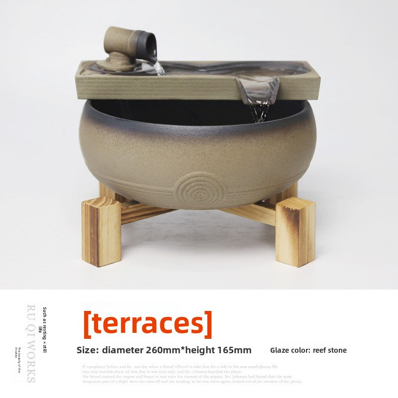 zensoullab Ceramic Water Flowing Tabletop Ornament Wealth-Attracting Desktop Tea Table Fountain Waterwheel Circulating Water Device Zen Small Gift