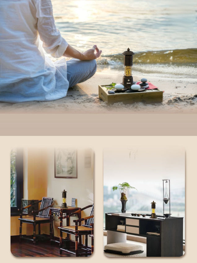 The Sacred Light Artistic Awakening Lighthouse Aroma Lamp features integrated functions of a speaker, aromatherapy, and ambient lighting.