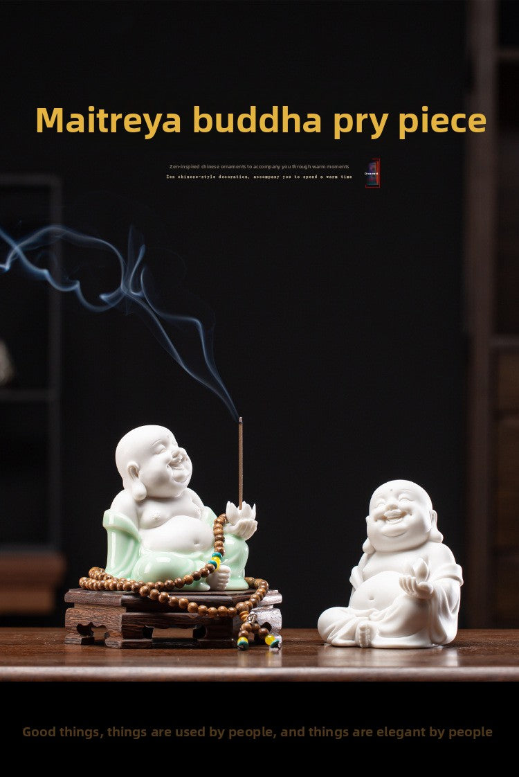 zensoullab Creative New Chinese Style Ceramic Maitreya Buddha Statue Desktop Ornament Home Incense Holder Incense Burner Incense Tray