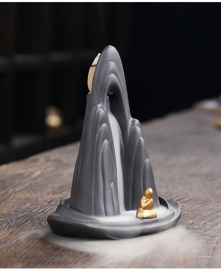 zensoullab Original Purple Clay Backflow Incense Burner Mountain Water Flowing Little Monk Home Decor Ornament Backflow Incense Burner Craft