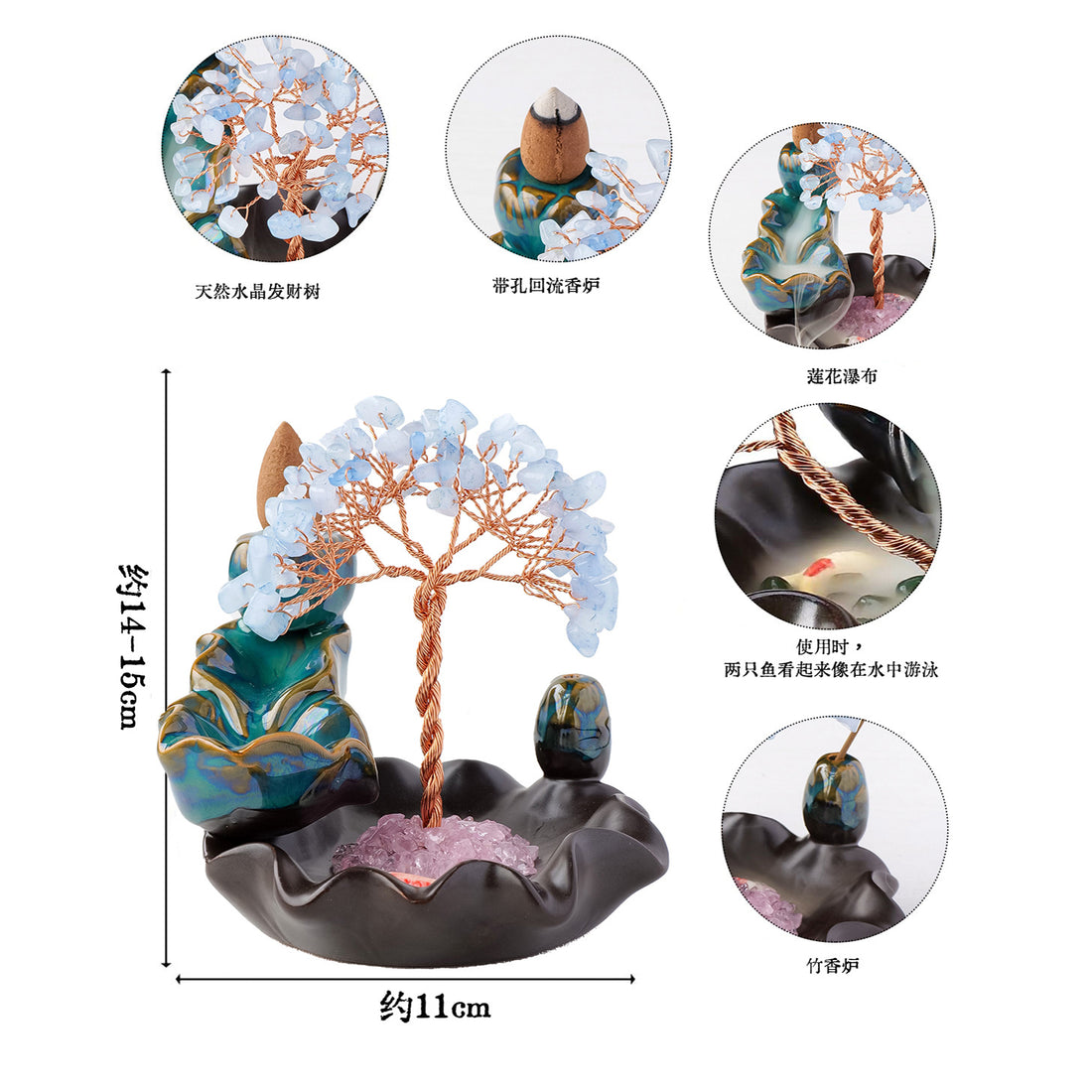 zensoullab Natural Crystal Money Tree Colorful Crystal Gravel Phoenix Tail Tree Backflow Incense Burner Wealth Tree Home Desktop Ornament