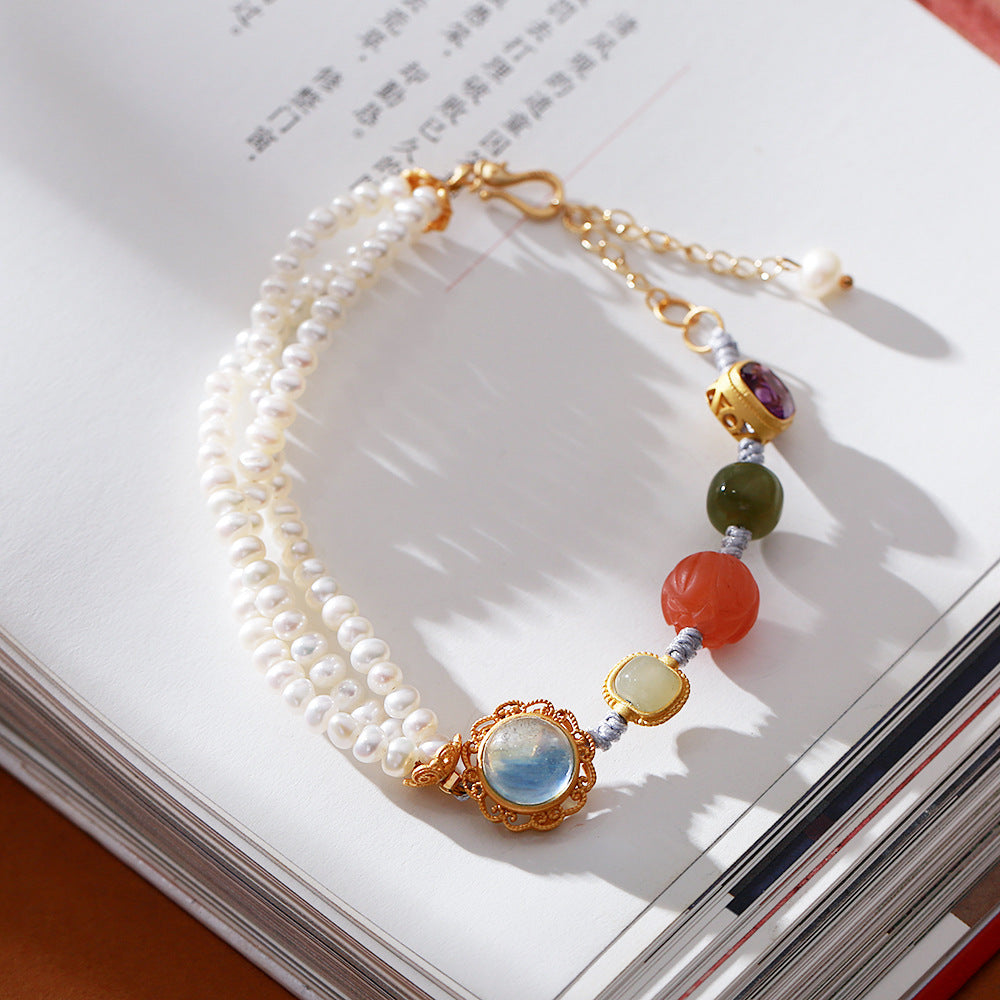 zensoullab Multi-Gem Braided Bracelet Half Pearl Multi-Gem Bracelet Aquamarine Amethyst South Red Lotus Accessories Jewelry Bracelet